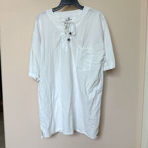 Cotton Natural Hawaiian Shirt Men’s XL White Lace Up V Neck Short Sleeve Beachy
